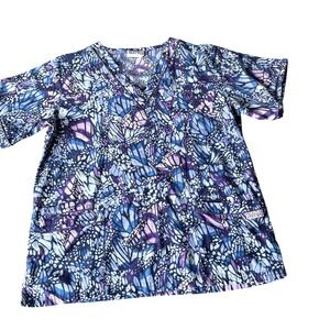 UA Scrubs Butterfly Effect Navy V-Neck Scrub Top Purple Blue Cotton U262BEN M